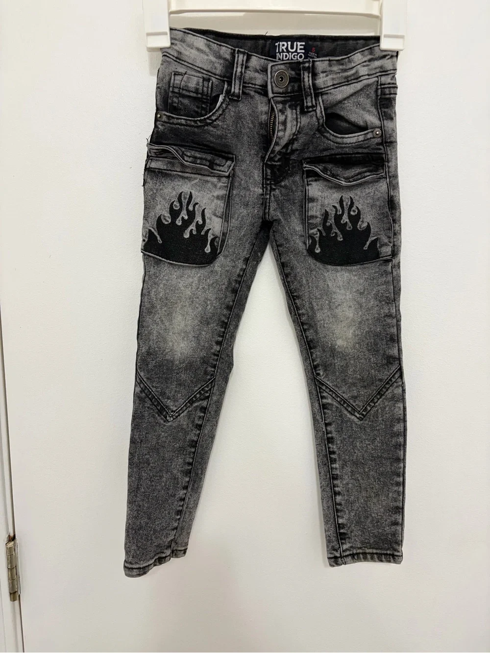 Indigo Skinny Jeans in Washed Black with Black Flame Patches